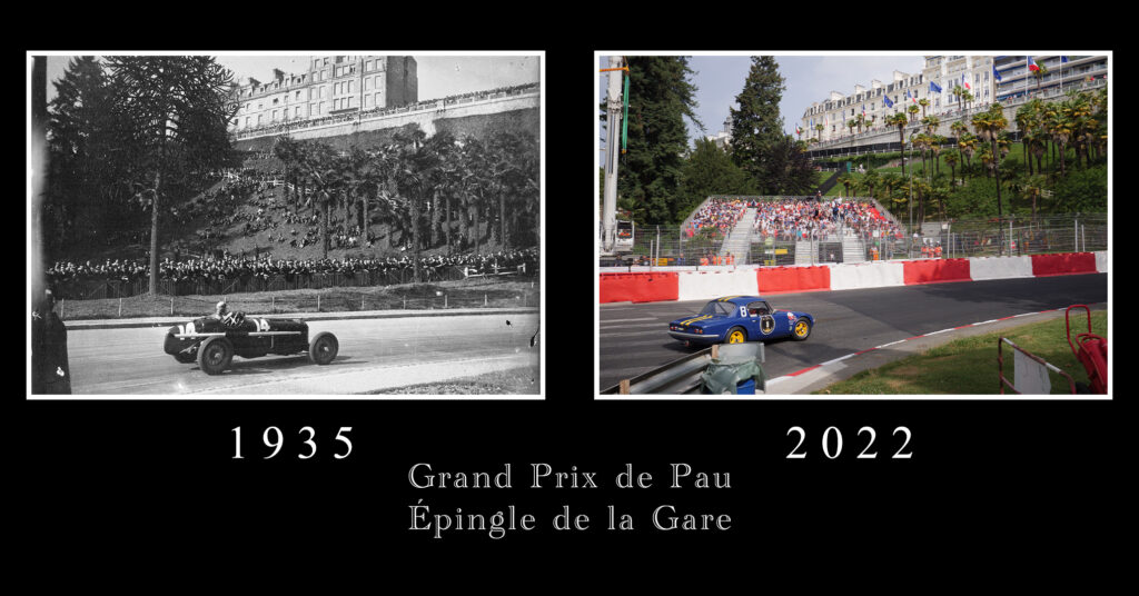 Comparaison de deux photographie de la ville de Pau, en 1935 et 2022, durant le Grand Prix.