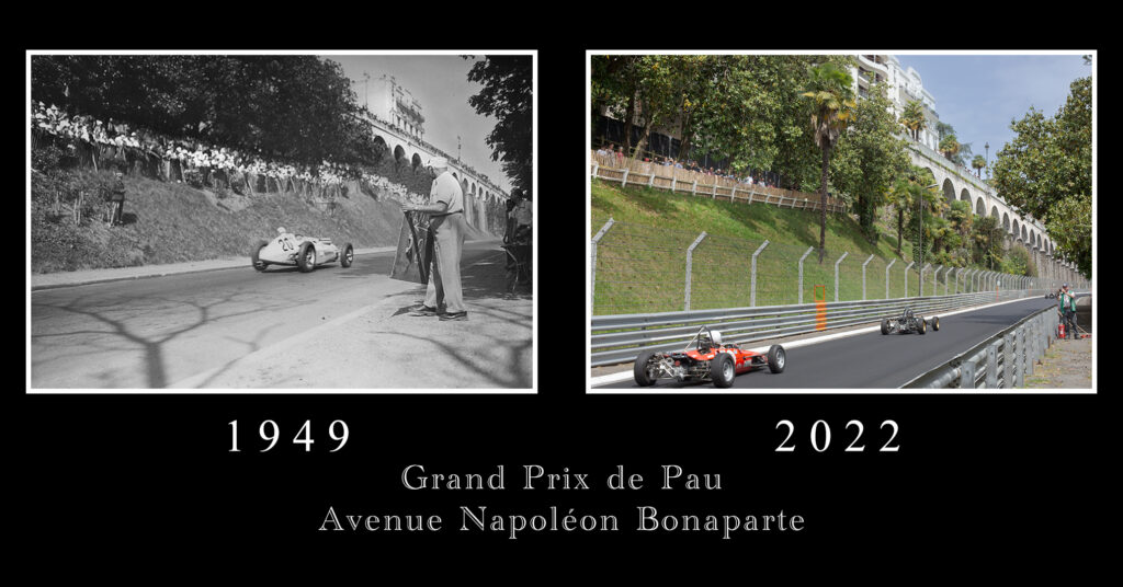 Comparaison de deux photographie de la ville de Pau, en 1949 et 2022, durant le Grand Prix.