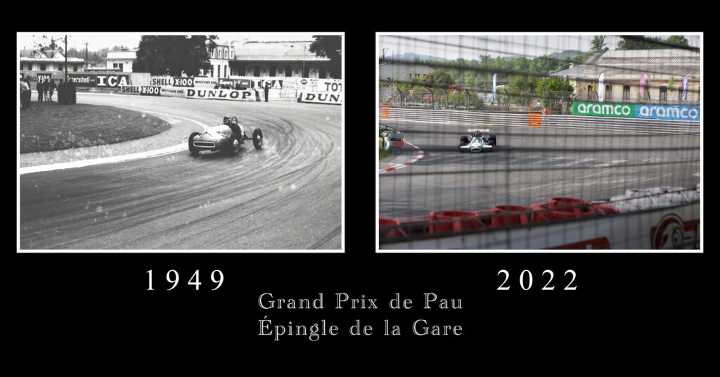 Comparaison de deux photographie de la ville de Pau, en 1949 et 2022, durant le Grand Prix.