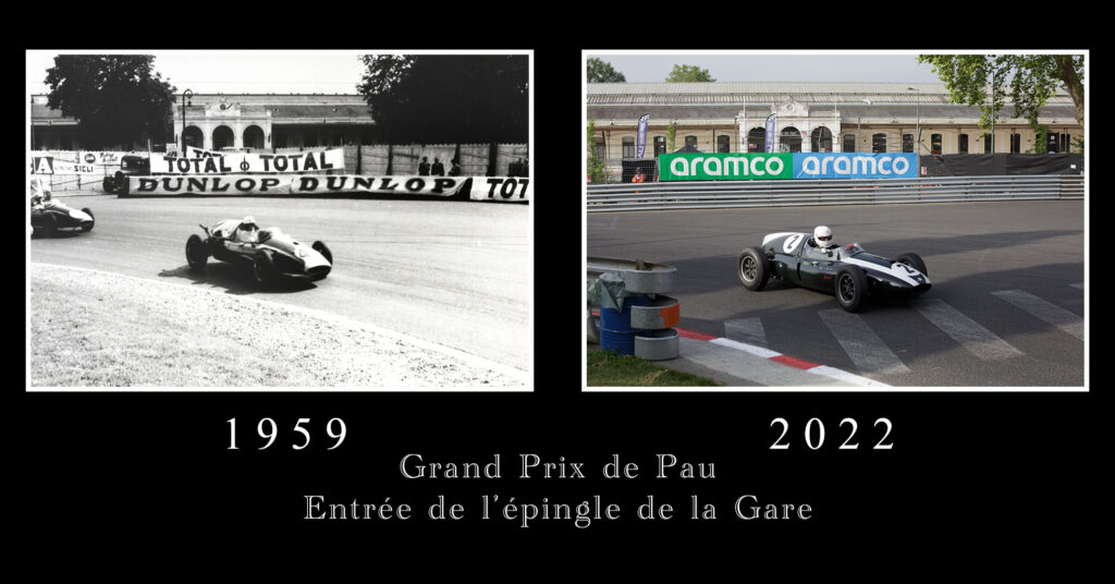 Comparaison de deux photographie de la ville de Pau, en 1959 et 2022, durant le Grand Prix.