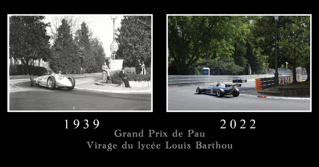 Comparaison de deux photographie de la ville de Pau, en 1939 et 2022, durant le Grand Prix.