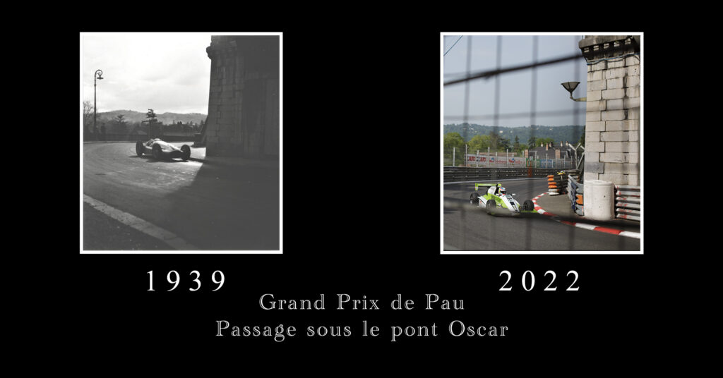 Comparaison de deux photographie de la ville de Pau, en 1939 et 2022, durant le Grand Prix.